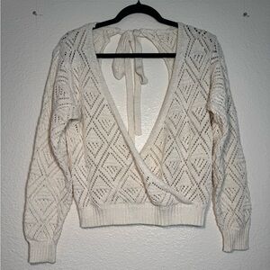 Open-Knit Cream V-Neck Wrap Sweater with Tie-Back